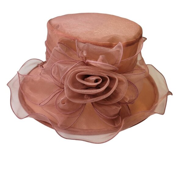 Dusty Rose Dress Hat Pink Organza Packable Ruffles Frilly Wedding Hat - Picture 2 of 15